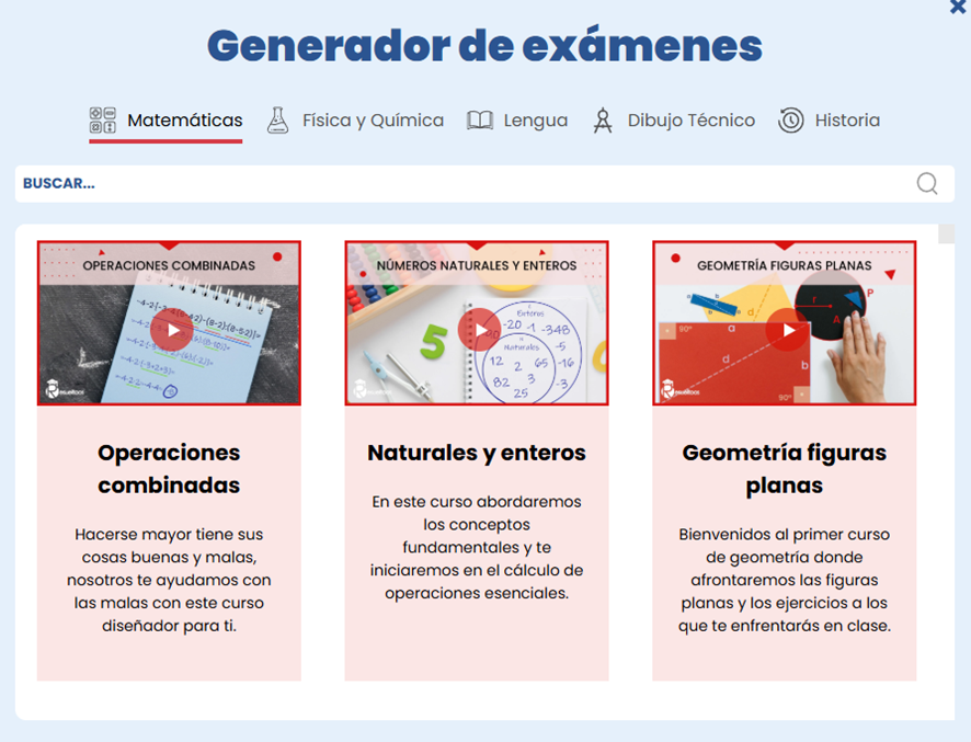 Generador de exámenes de diferentes asignaturas  en plataforma educativa de clases particulares interactivas Resueltoos
