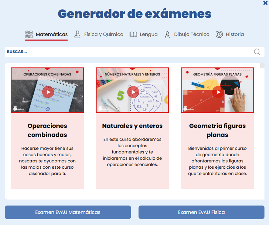 Generador de exámenes con botones especiales para ebau  en plataforma educativa de clases particulares interactivas Resueltoos