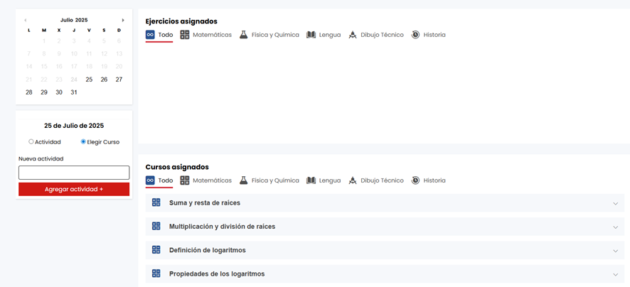 Modal de agenda de cursos, tareas, apuntes y exámenes en plataforma educativa Resueltoos