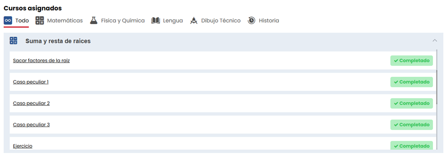 Cursos asignados y token de completado permite saber las lecciones pendientes para poder afrontarlas con un orden