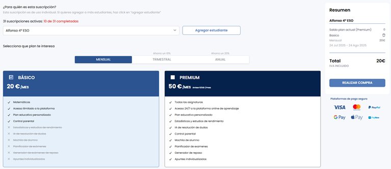 Pasarela de pago Resueltoos, selector de alumnos y precios