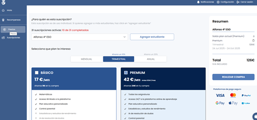 Selector de opciones de pago en pasarela en plataforma educativa de clases particulares interactivas Resueltoos