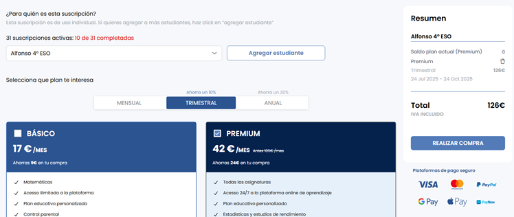 Seleccionar el hijo objeto de la suscripción (si solo hay uno saldrá seleccionado por defecto en plataforma educativa resueltoos