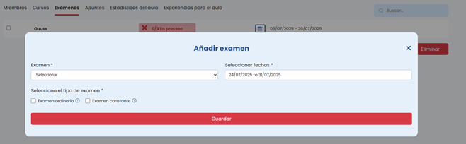 Modal añadir examen en la versión profesores de Resueltoos