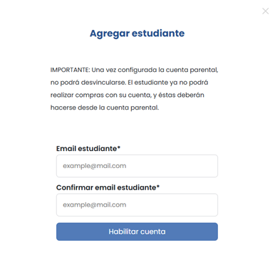 Modal de agregar estudiante al área parental plataforma educativa Resueltoos