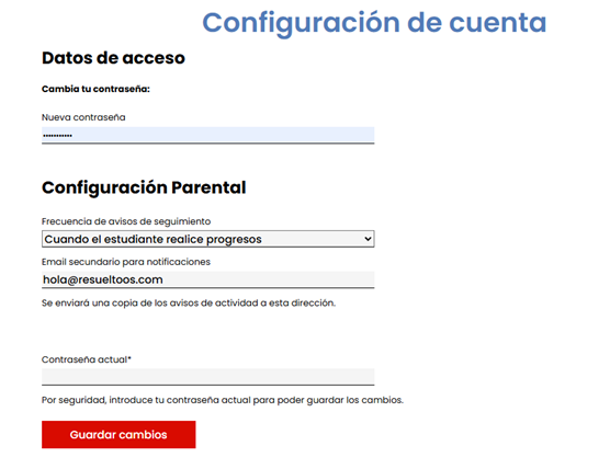 Configuración de la cuenta, avisos, frecuencia de avisos, datos y contraseña del panel padres plataforma educativa Resueltoos