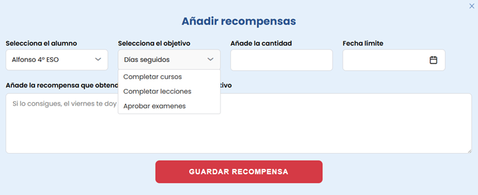 añadir recompensas en versión parental, gestión de alumnos 